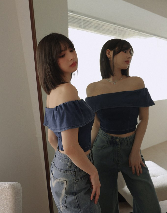 Ruffle Jeans Denim Padded Tube Top