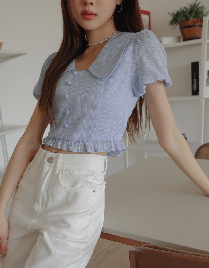 Wide Collar Sweet Puff Sleeve Top