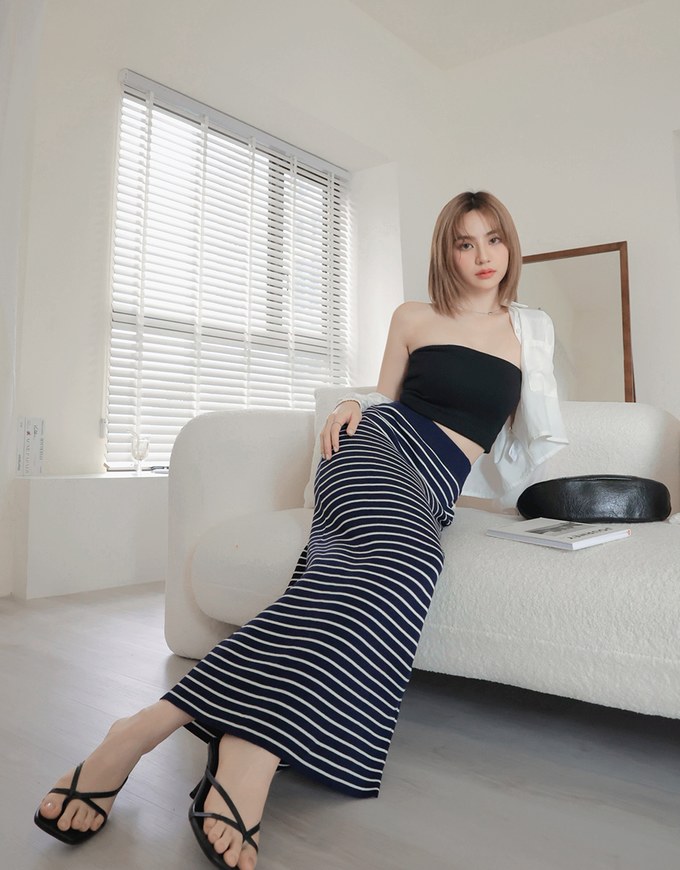 Basic Striped Bodycon Long Skirt