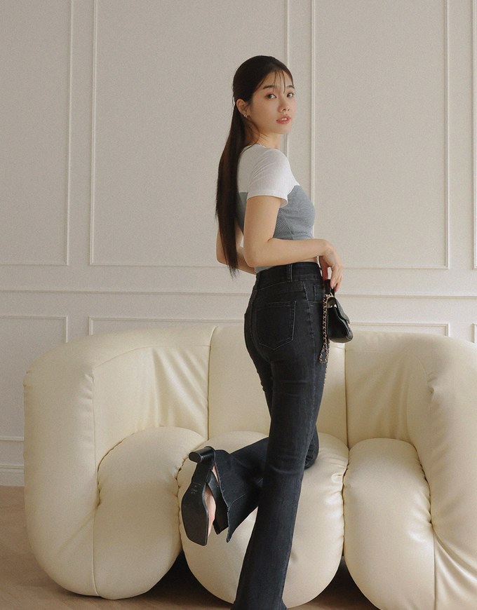 Slim Fit Slit Hem High Waisted Jeans Denim Flared Pants