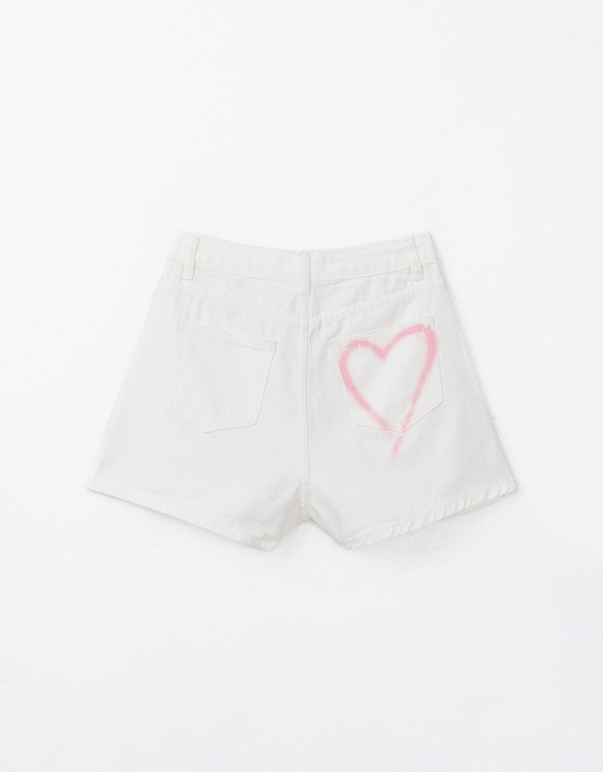 Washed Heart Side Slit Jeans Denim Shorts