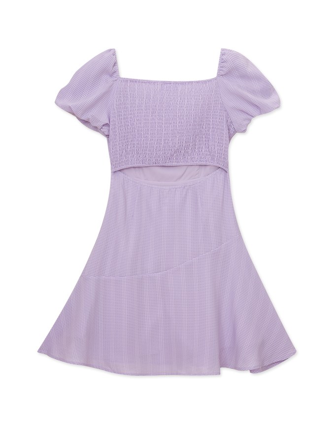 Square Neck Embossed Bubble Sleeve Mini Dress