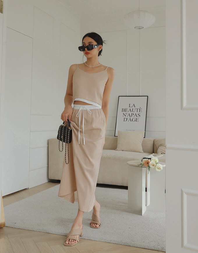 Texture Contrast Thin Strap Long Skirts Set Wear