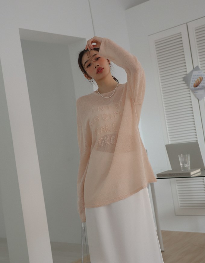 Sheer Letter Stitch Oversized Sweater Knit Top