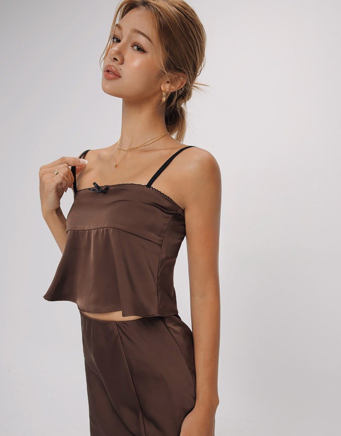 Satin Camisole with Bowknot and Lace Trim Details