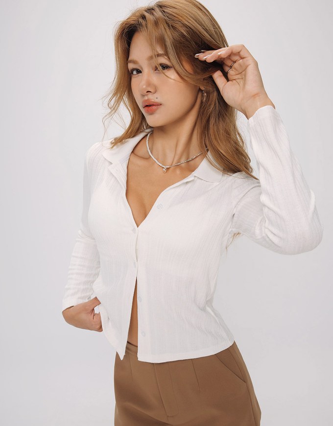 Collared Rib Knit Button Front Blouse