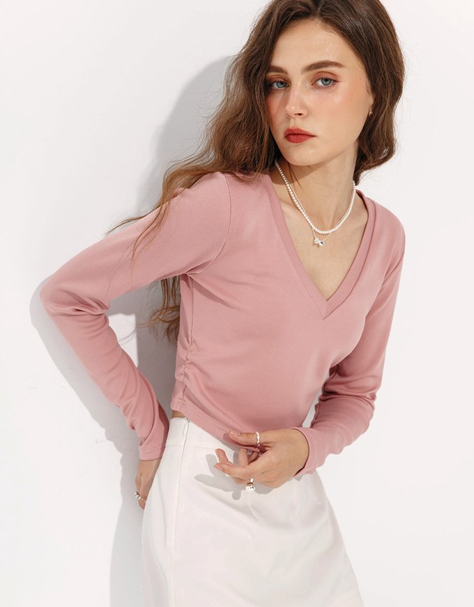 Minimalist V Neck Ruched Long Sleeve Top