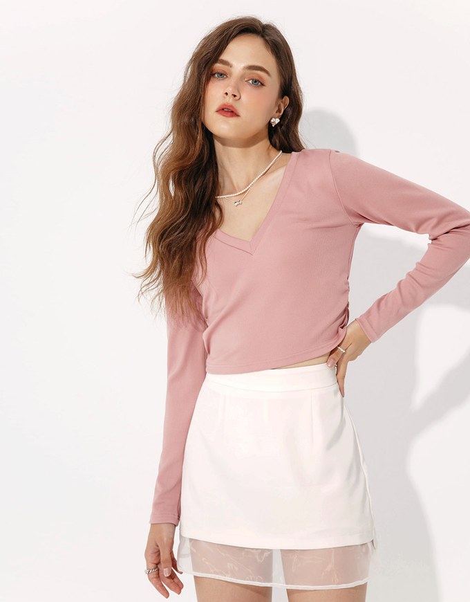 Minimalist V Neck Ruched Long Sleeve Top