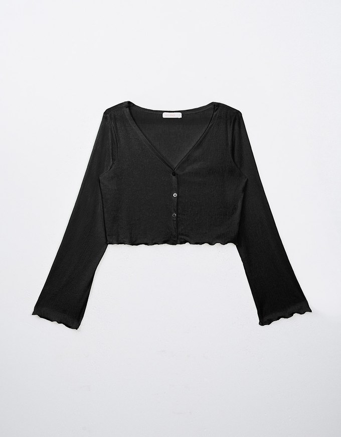 [HXA's Design] Embossed Ruffle Trimmed Button Up Top H06