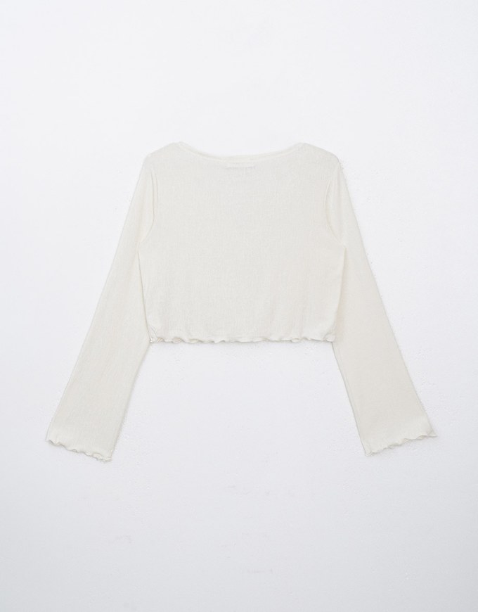 [HXA's Design] Embossed Ruffle Trimmed Button Up Top H06