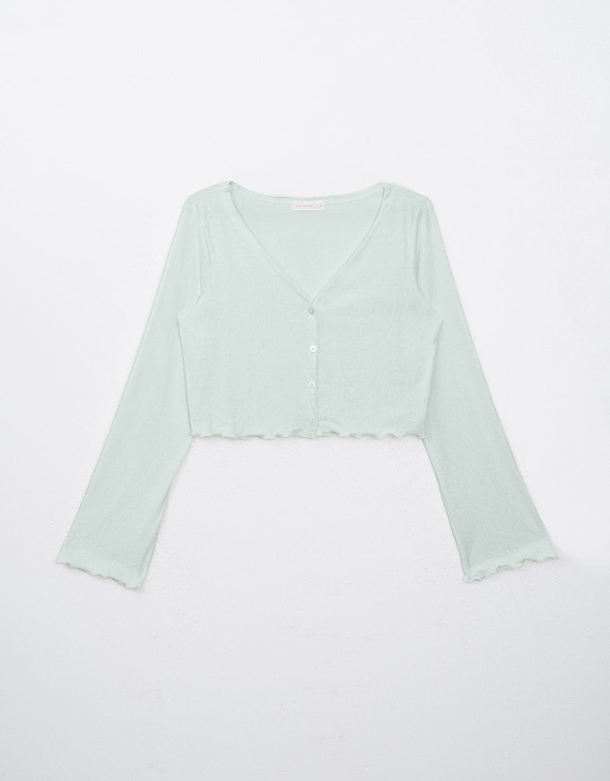 [HXA's Design] Embossed Ruffle Trimmed Button Up Top H06