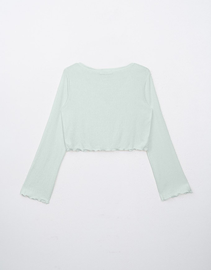 [HXA's Design] Embossed Ruffle Trimmed Button Up Top H06