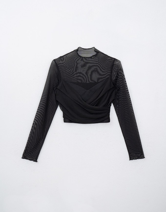 Half Turtleneck Sheer Mesh Patchwork Padded Top