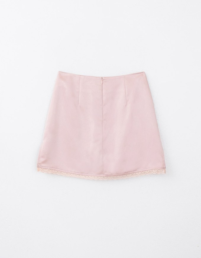 Satin Spliced Mini Skirt With Laced Hem