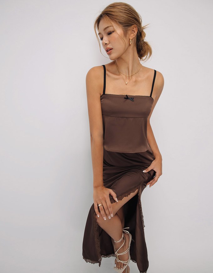 Lace Trim Satin Slit Maxi Skirt