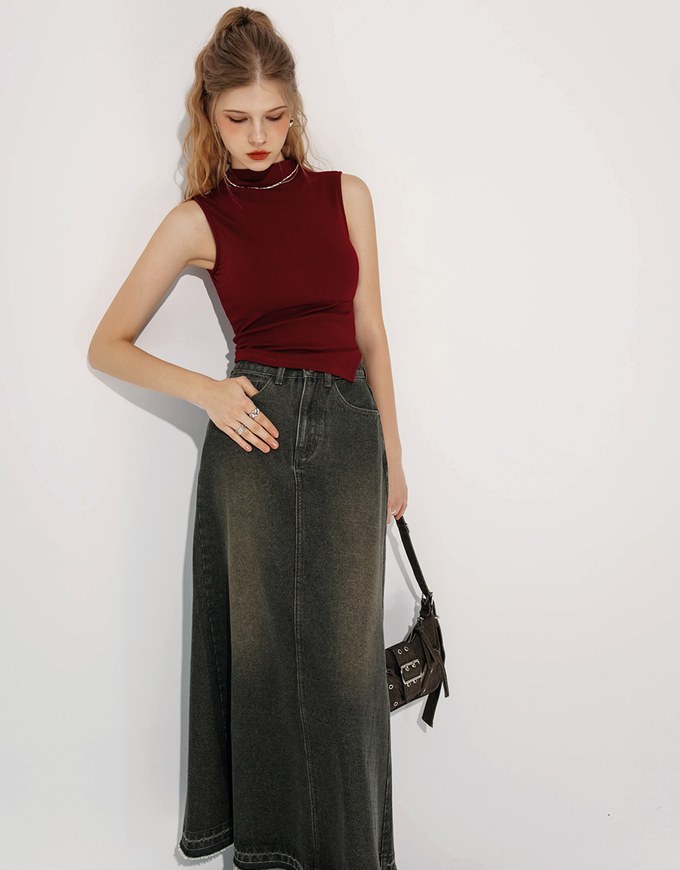 Vintage Distressed Frayed Jeans Denim Maxi Skirt