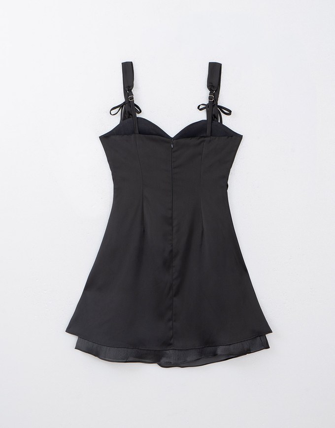 Double Bows Satin Lace Ruffle Cami Mini Dress