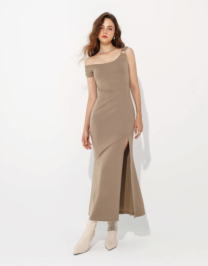 Asymmetrical Side Slit Silky Bodycon Padded Maxi Dress