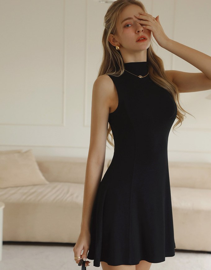 【Cooling】Modal Fabric Half Turtleneck Sleeveless Mini Dress