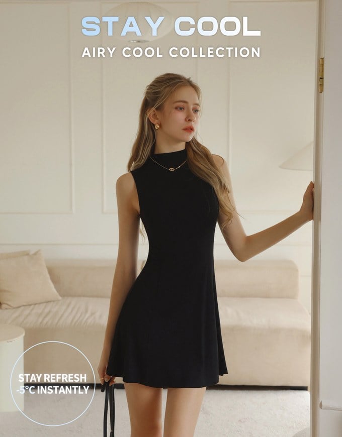 【Cooling】Modal Fabric Half Turtleneck Sleeveless Mini Dress