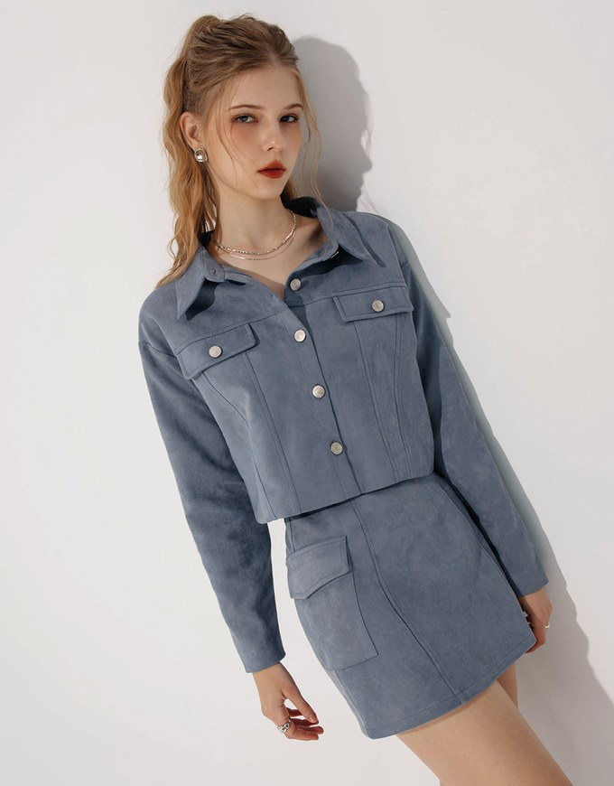 Faux Suede Button Down Collar Jacket