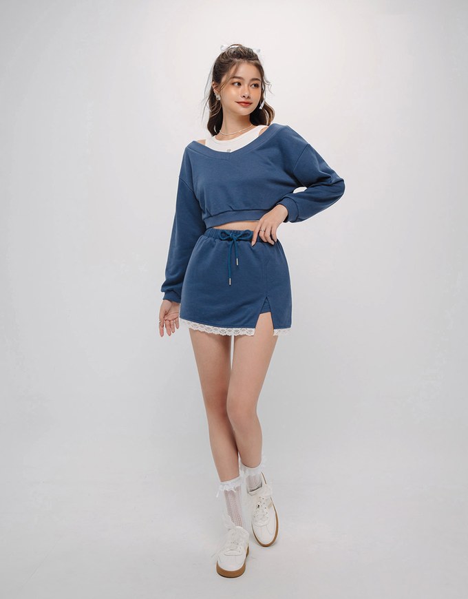 Classic Long Sleeve Cotton Sweatshirt With Lace Hem Skorts Set Wear