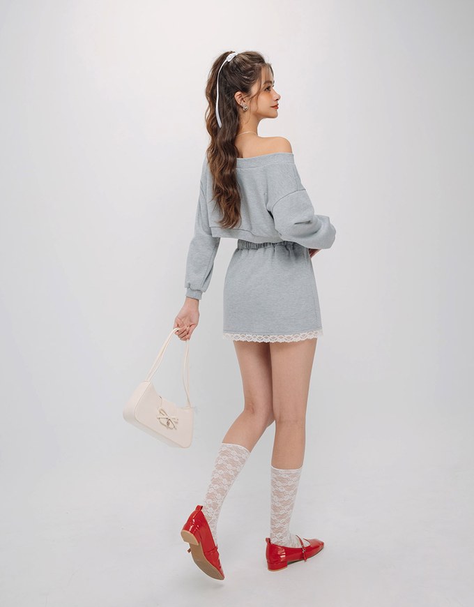 Classic Long Sleeve Cotton Sweatshirt With Lace Hem Skorts Set Wear