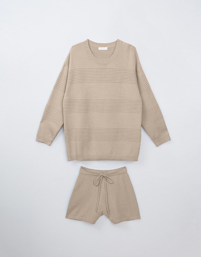 2 Piece Sweater Long Sleeve Ribbed Knit Tops and Drawstring Shorts Set Wear