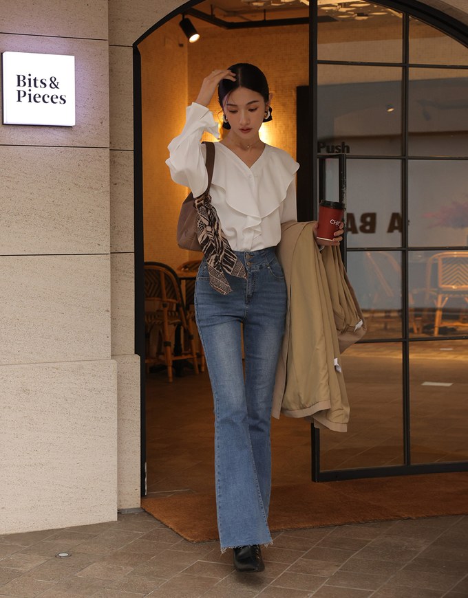 Ruffled Long Flare Sleeve Blouse