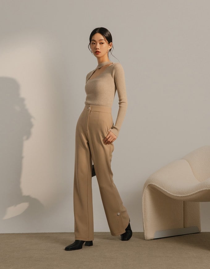 High Waist Side Slit Elastic Flared Pants