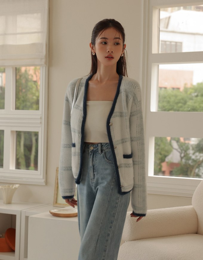 Soft Mohair Checkered Button Up Jacket