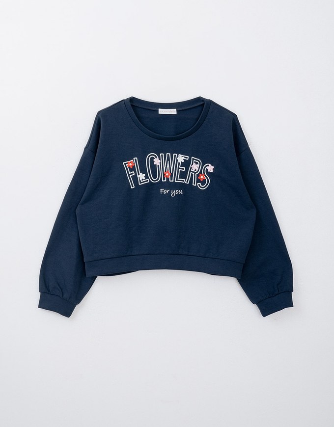 Printed Long Sleeve Sweatshirt With Floral Embroidery