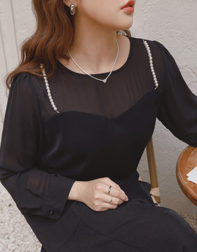 Pearl Embellished Sheer Chiffon Top