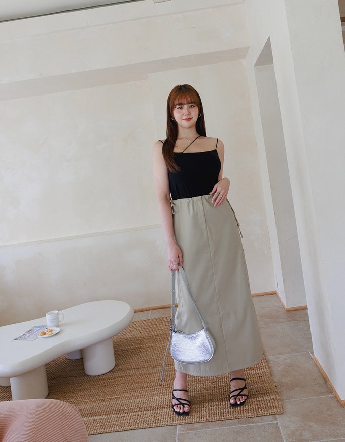 Side Strap Cargo Slit Straight Long Skirt