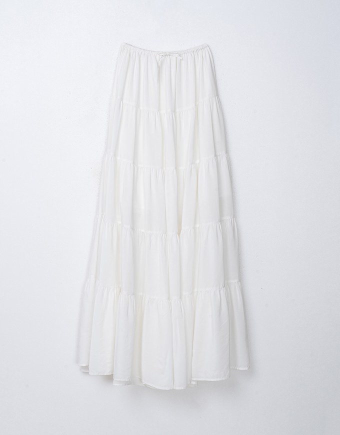 Maxi Long Skirt With Elastic Waistline And Drawstring Tiered & Textured Beach Style