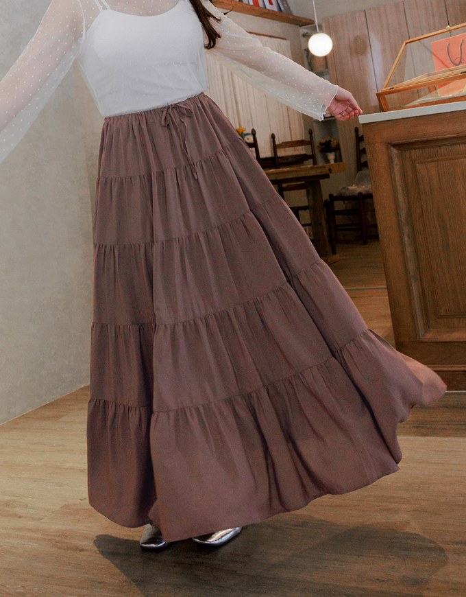 Textured Drawstring Tiered Long Skirt