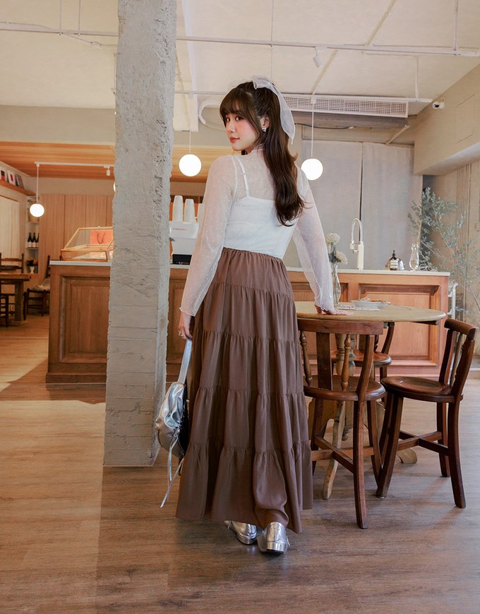 Textured Drawstring Tiered Long Skirt