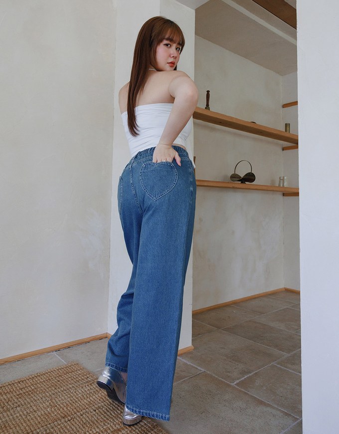 Heart Shape Pocket Jeans Denim Flared Trousers