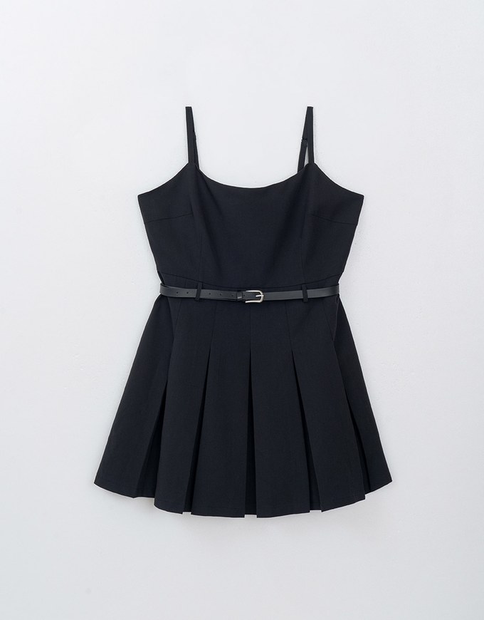 Blazer Style Pleated Spaghetti Strap Cami Mini Dress (With Belt)