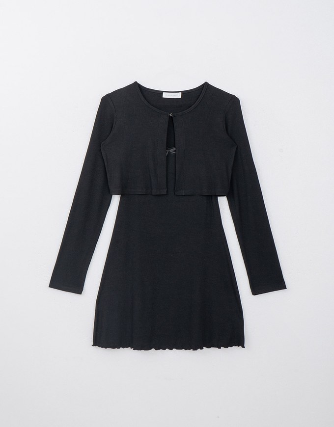 Ruffled Hem Mini Dress with Long Sleeve Cardigans Set Wear