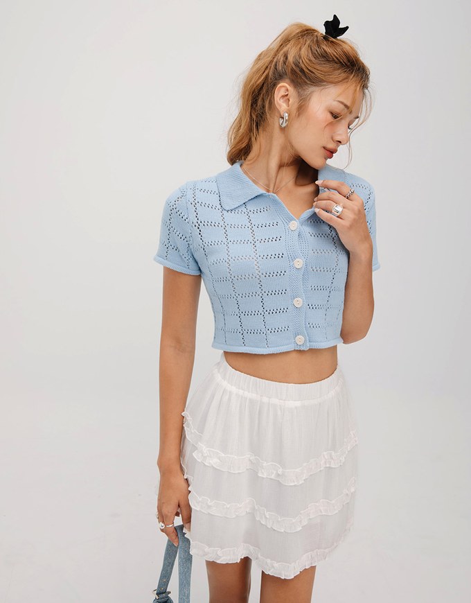 Eyelet Knit Collared Blouse Shirt