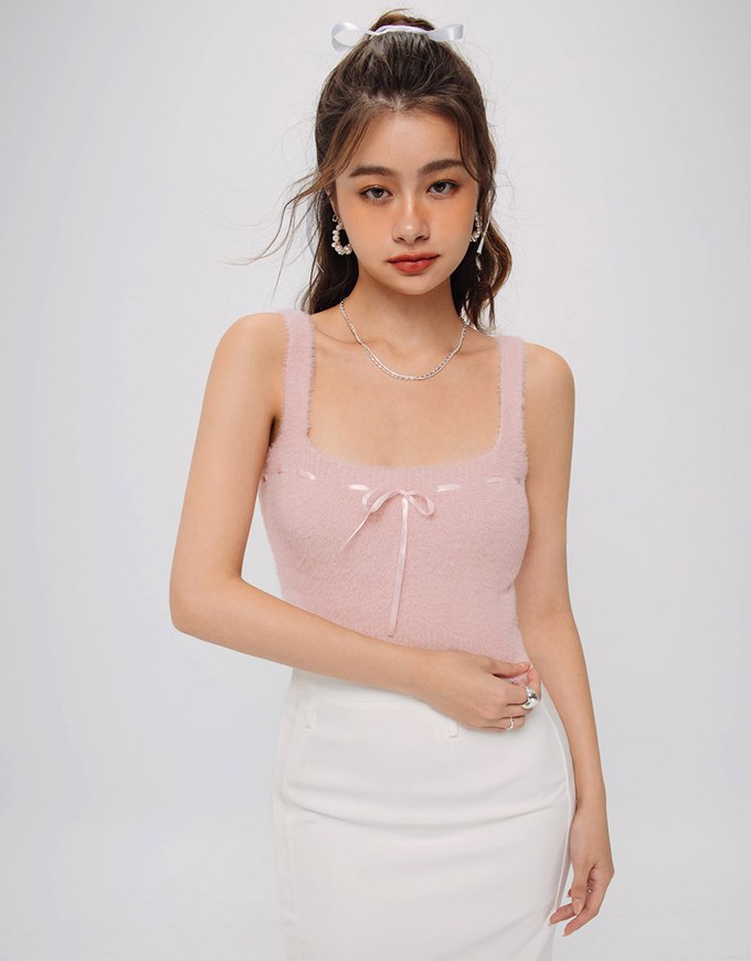 Fluffy Cropped Cami Top With Bow