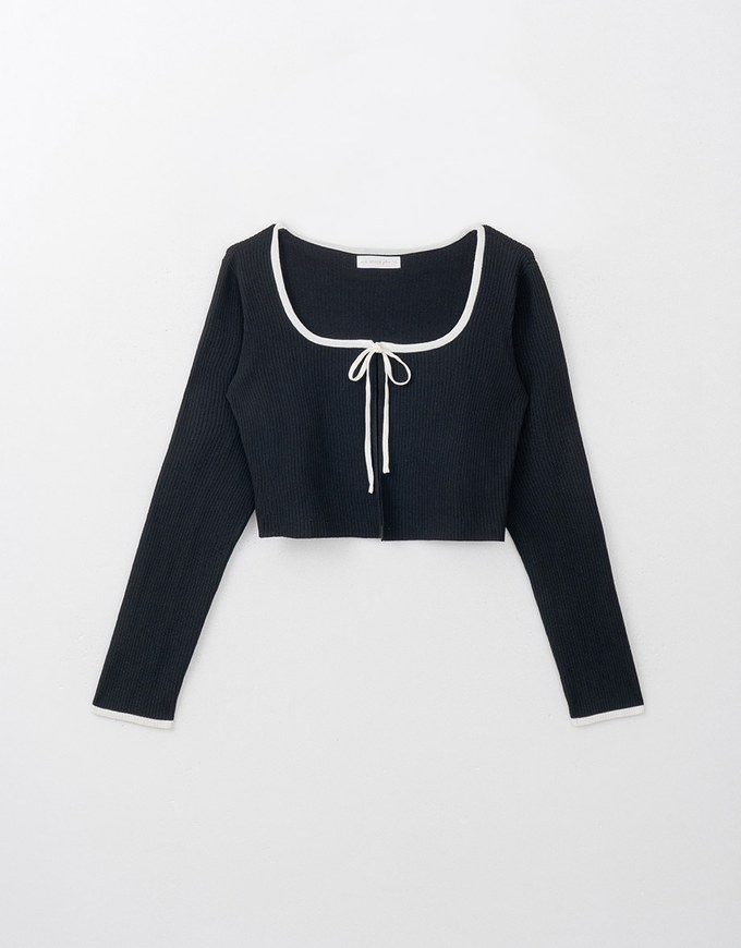 Preppy Ribbed Cardigan Knit Top With Tie Up Bow