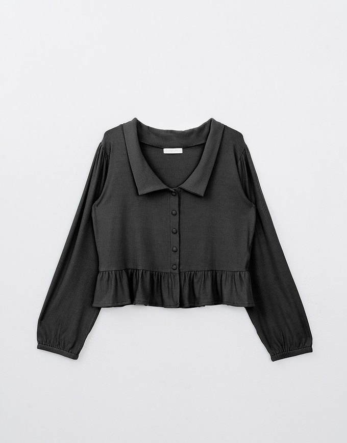 Solid Ruffle Hem Ribbed Knit Blouse