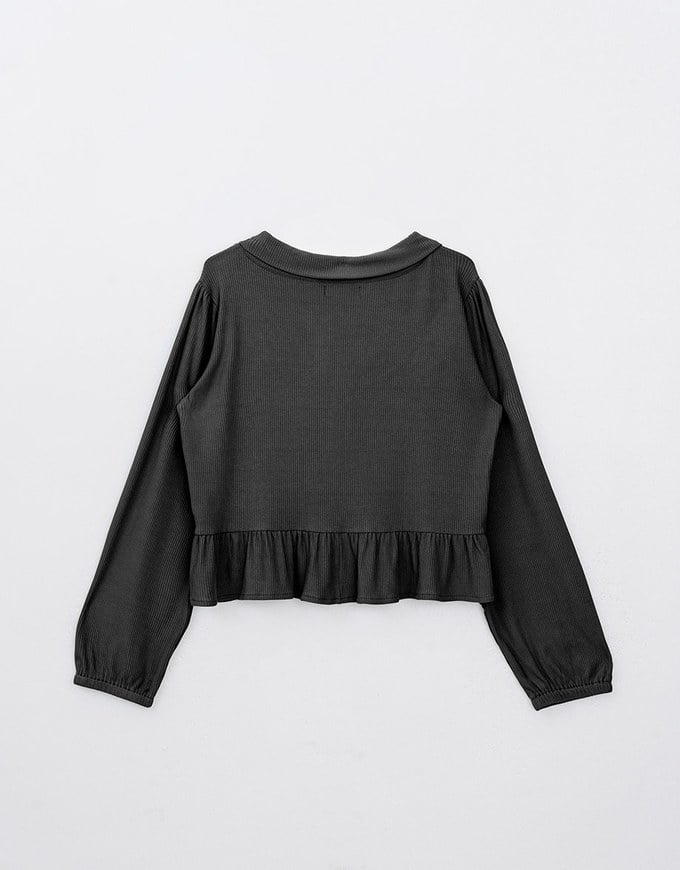 Solid Ruffle Hem Ribbed Knit Blouse