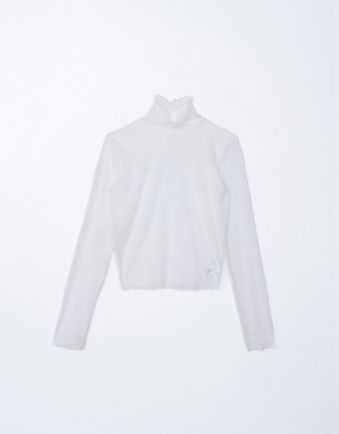 Turtleneck Sheer Ruffle Trim Top