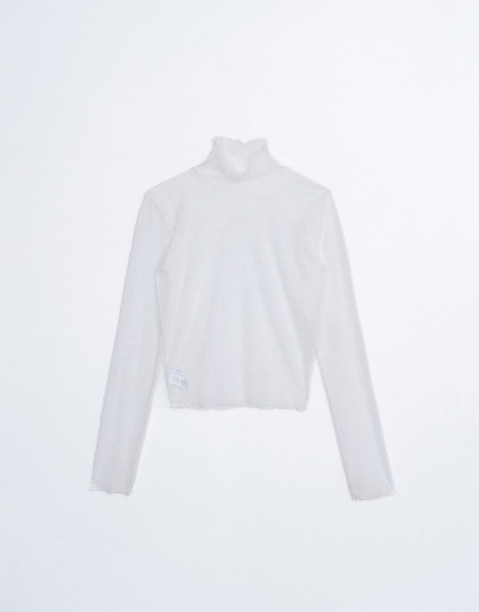 Turtleneck Sheer Ruffle Trim Top