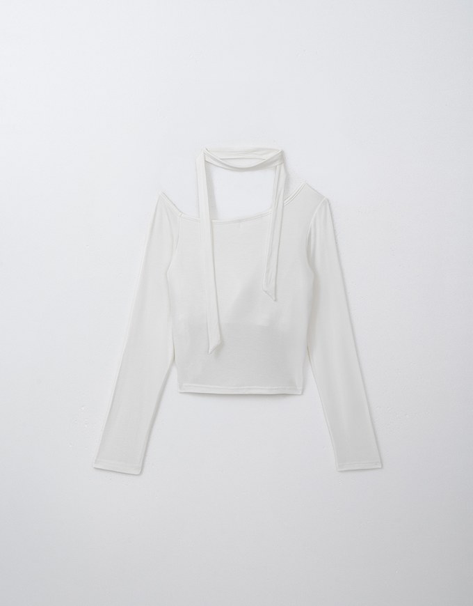 Solid Color Asymmetric Shoulder Top (With Removable Paddings and Scarf)