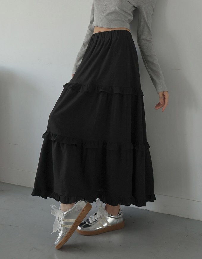 Ruffled High Waist Frilled Layered Hem Maxi Skirt