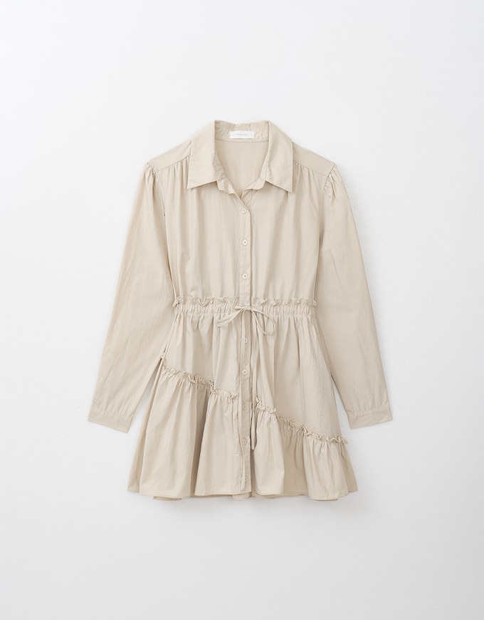 Asymmetric Ruffle Décor Layered Mini Blouse Dress ( Adjusttable Waistline With Draw Strings)